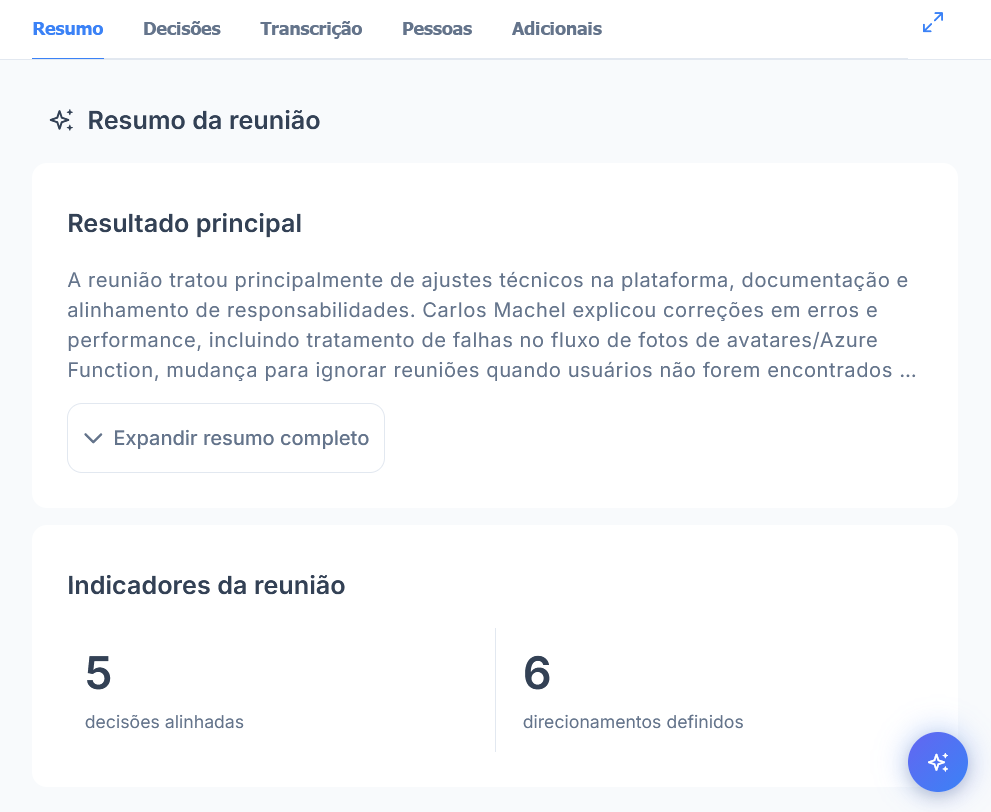 Nova aba Resumo da reunião