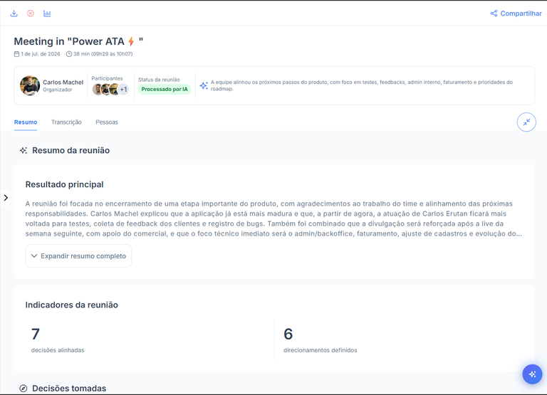 Visão geral de uma ata aberta