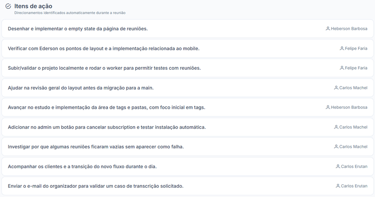 Itens de ação da reunião