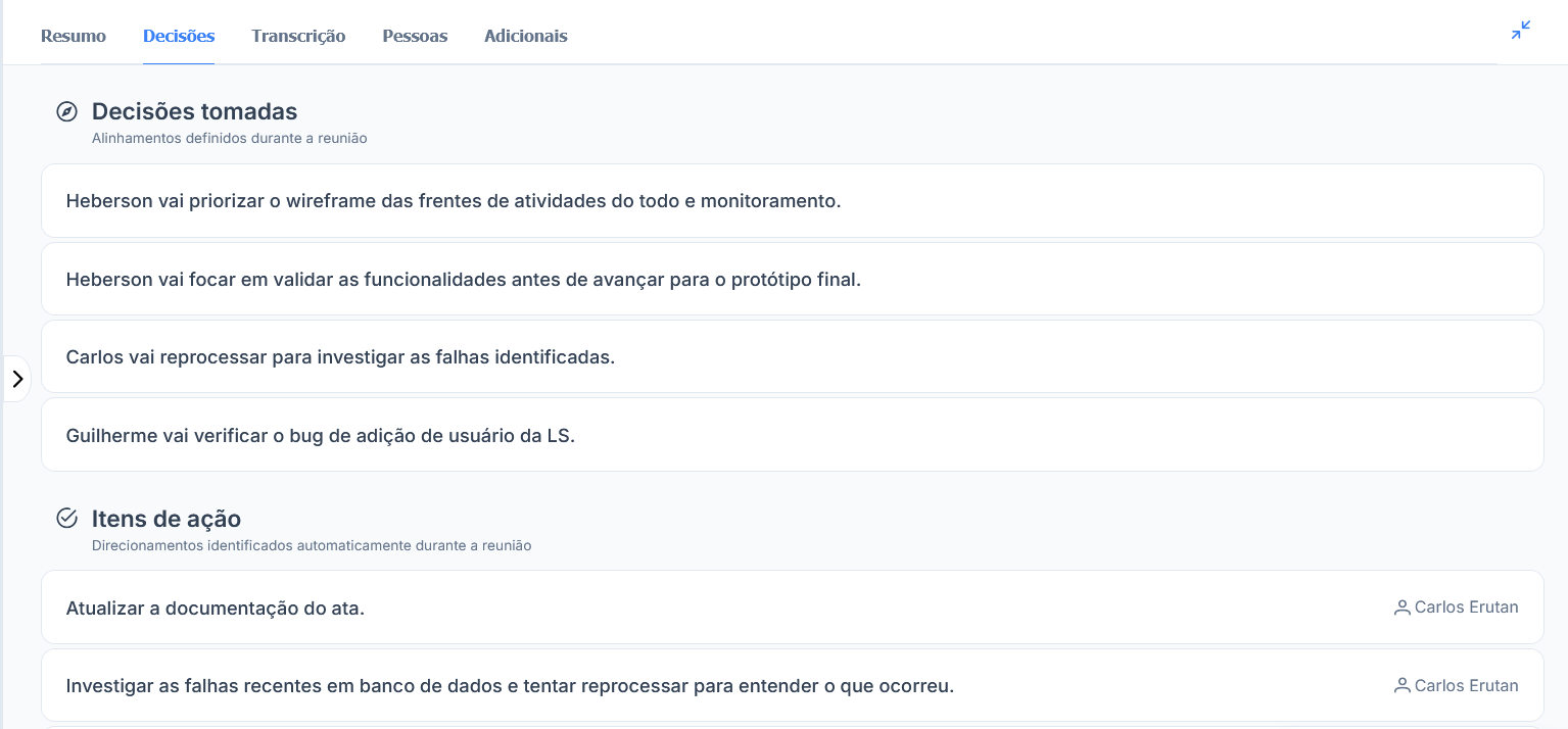 Nova aba Decisões da ata