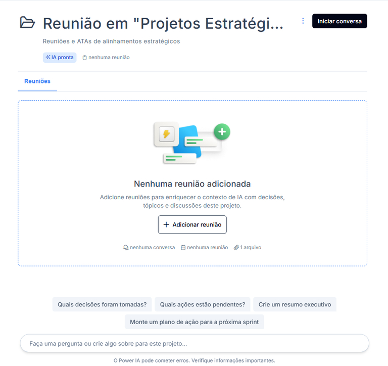 Tela de seleção de reuniões para adicionar ao projeto