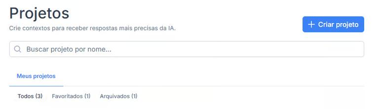 Barra superior da página de Projetos