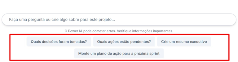 Exemplos de prompts recomendados no Chat do Projeto
