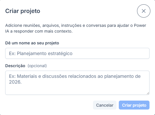 Tela de criação de um novo projeto