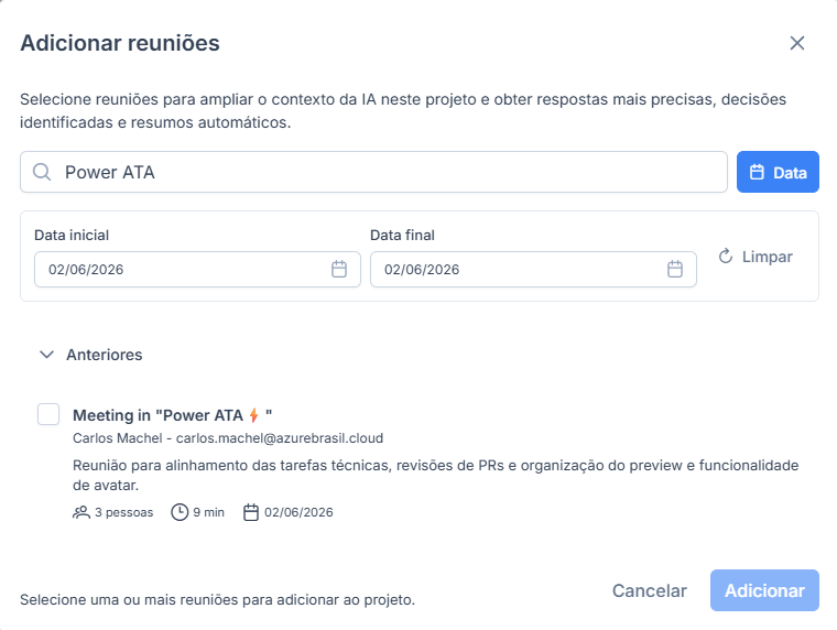 Filtro por data na seleção de reuniões