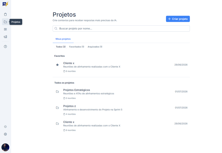 Visão geral da página de Projetos