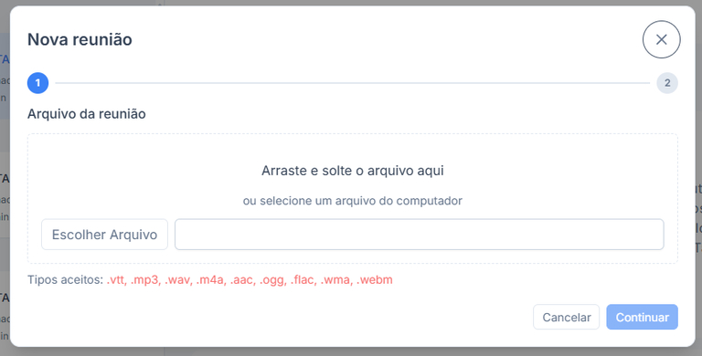 Tela de importação manual com seleção de arquivo