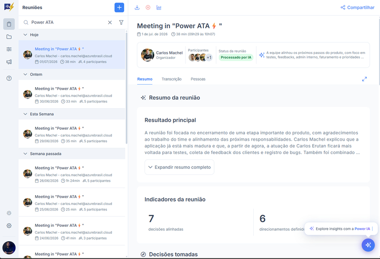 Visão geral da tela de Reuniões