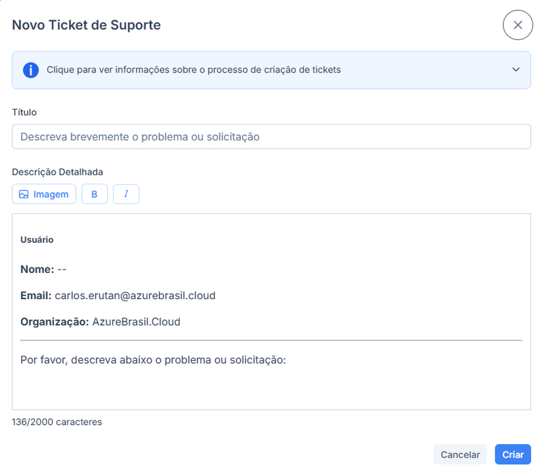 Formulário de abertura de novo ticket de suporte